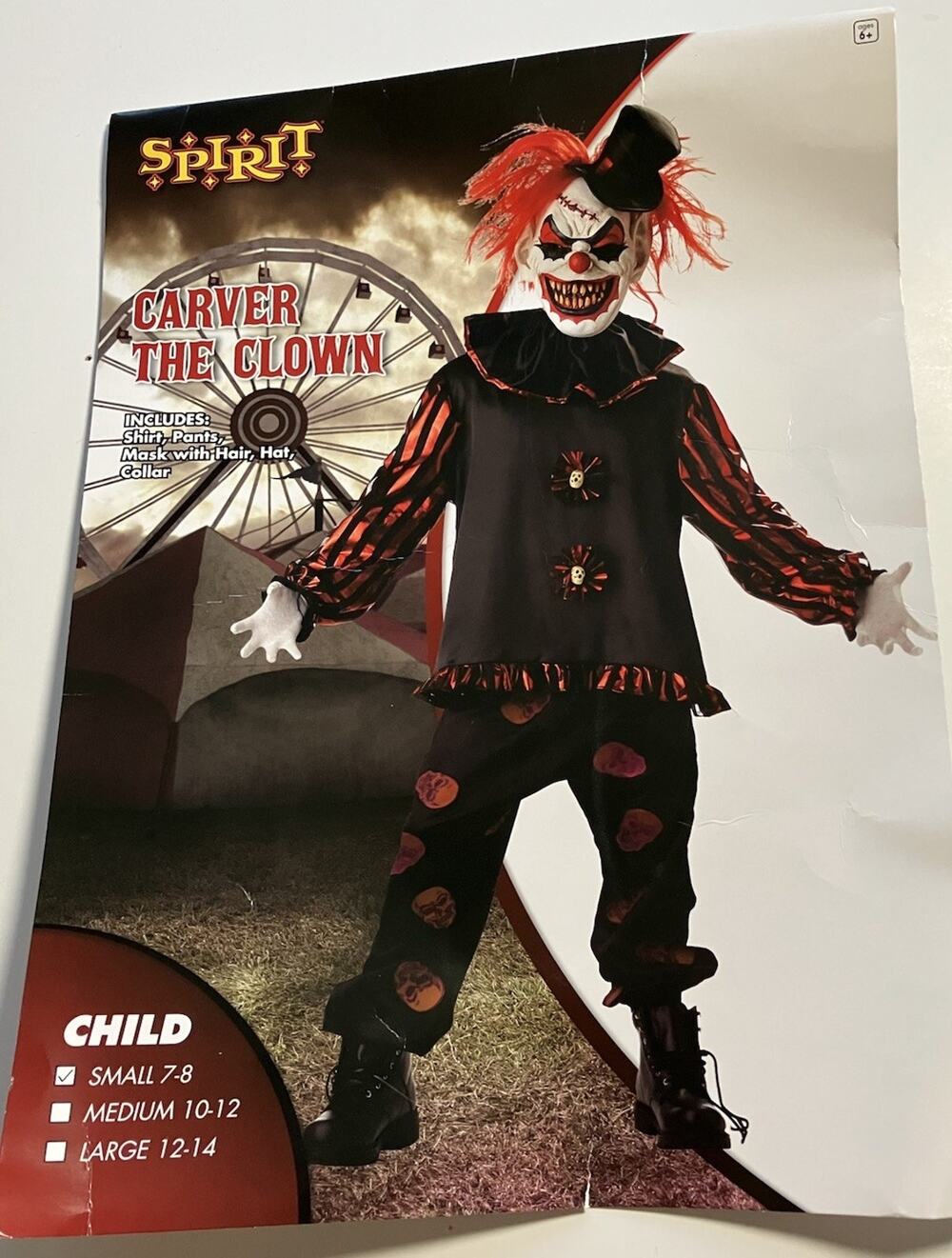 Spirit Halloween Carver The Clown Costume Child Size Small (7-8) (ages 6+)